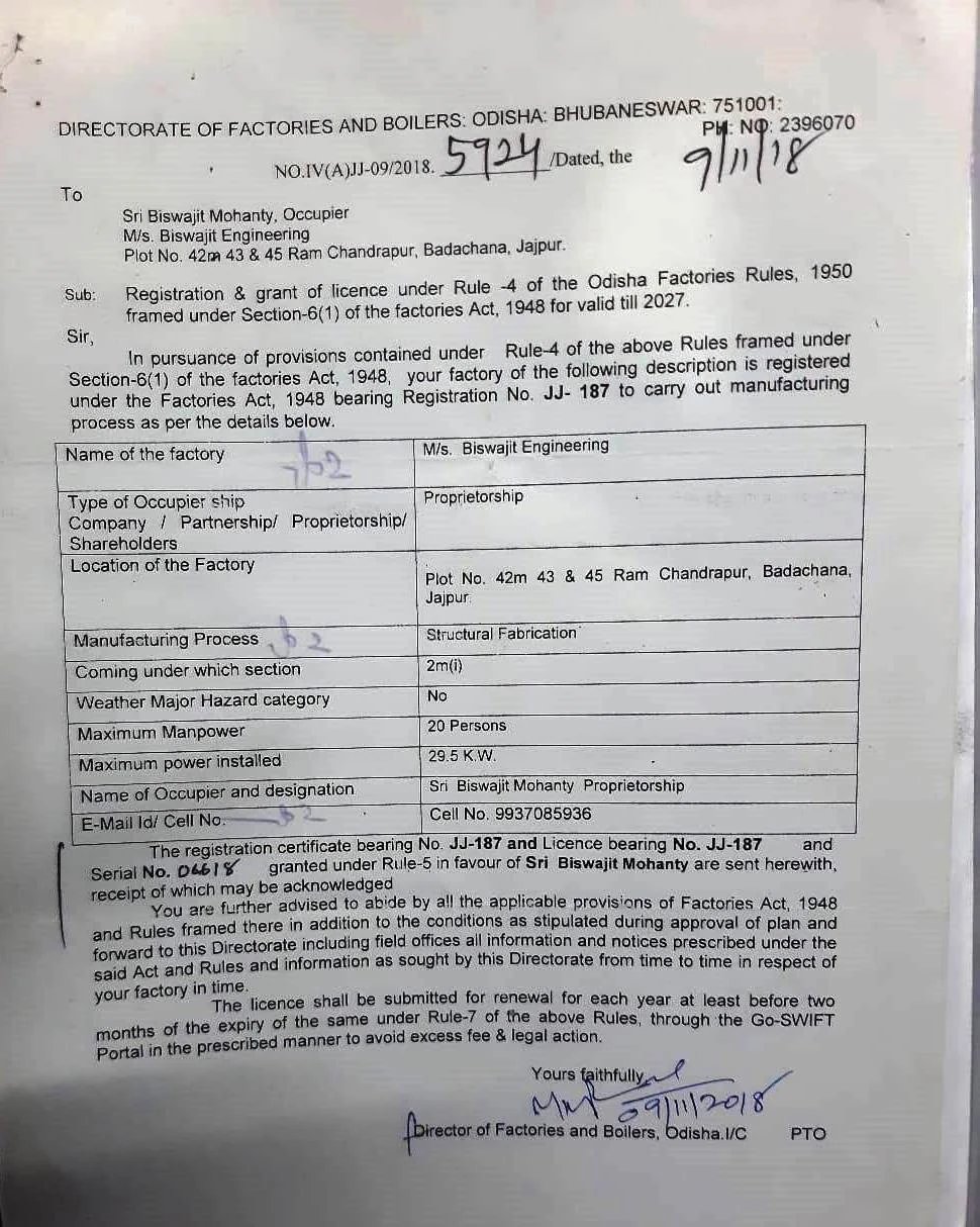 Odisha Factories & Boilers — Factory Licence