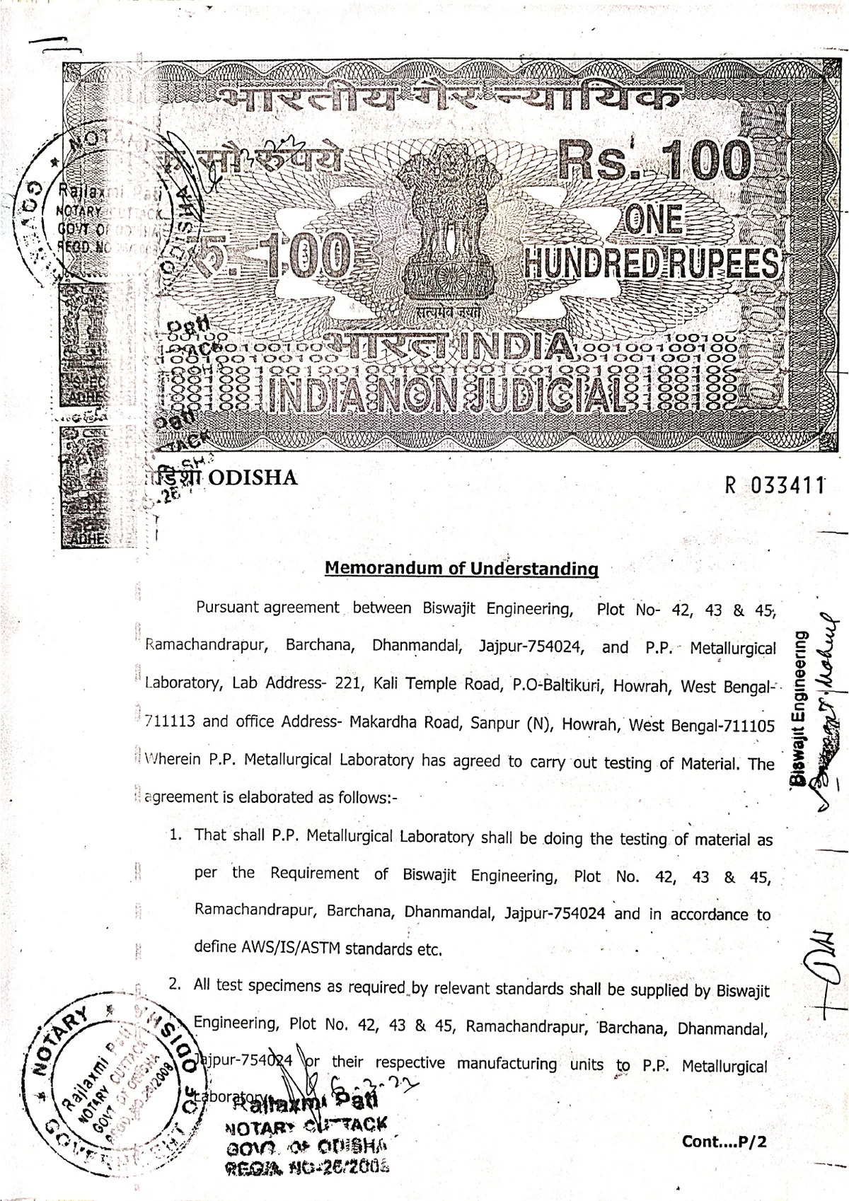 Memorandum of Understanding — P.P. Metallurgical Laboratory