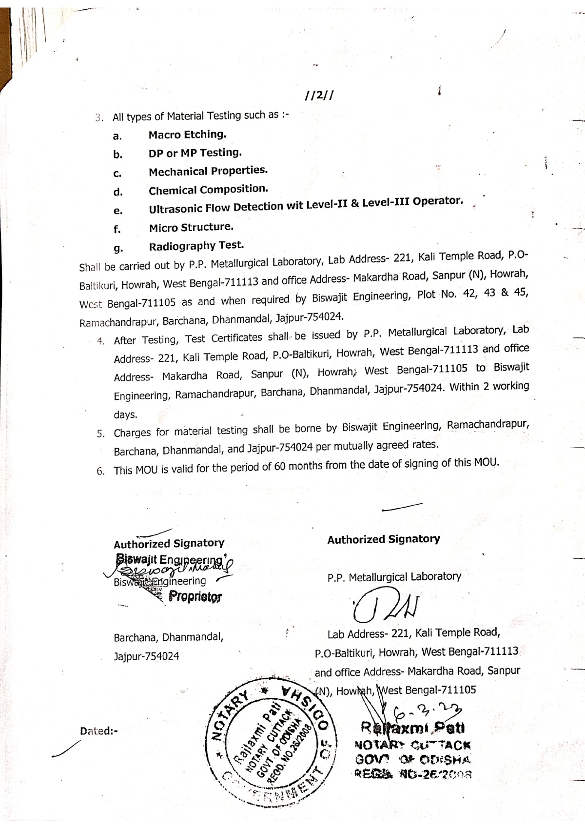 Material Testing Agreement — P.P. Metallurgical Laboratory